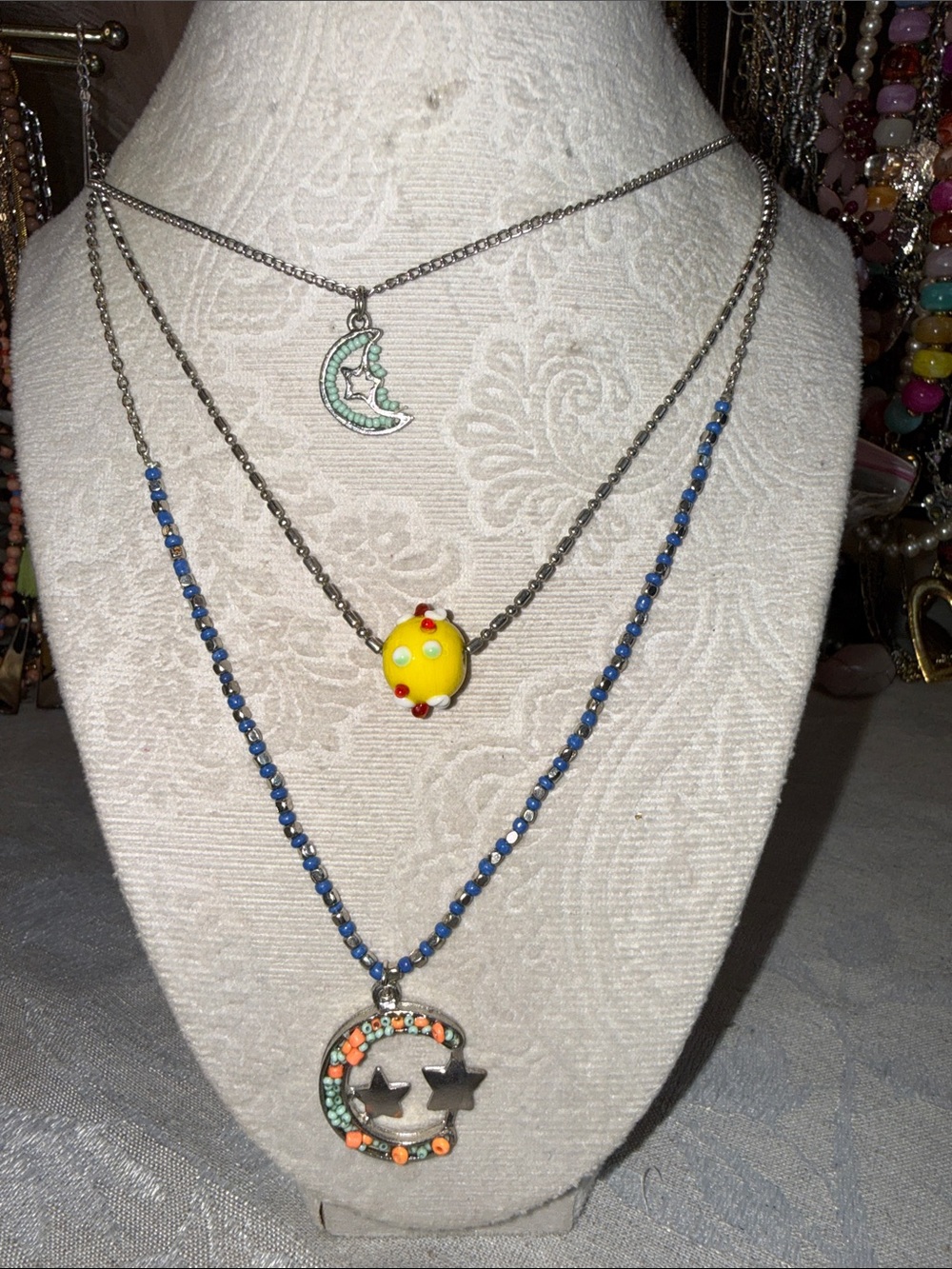 Layered Moon & Star Necklace Set with Yellow Glass Bead